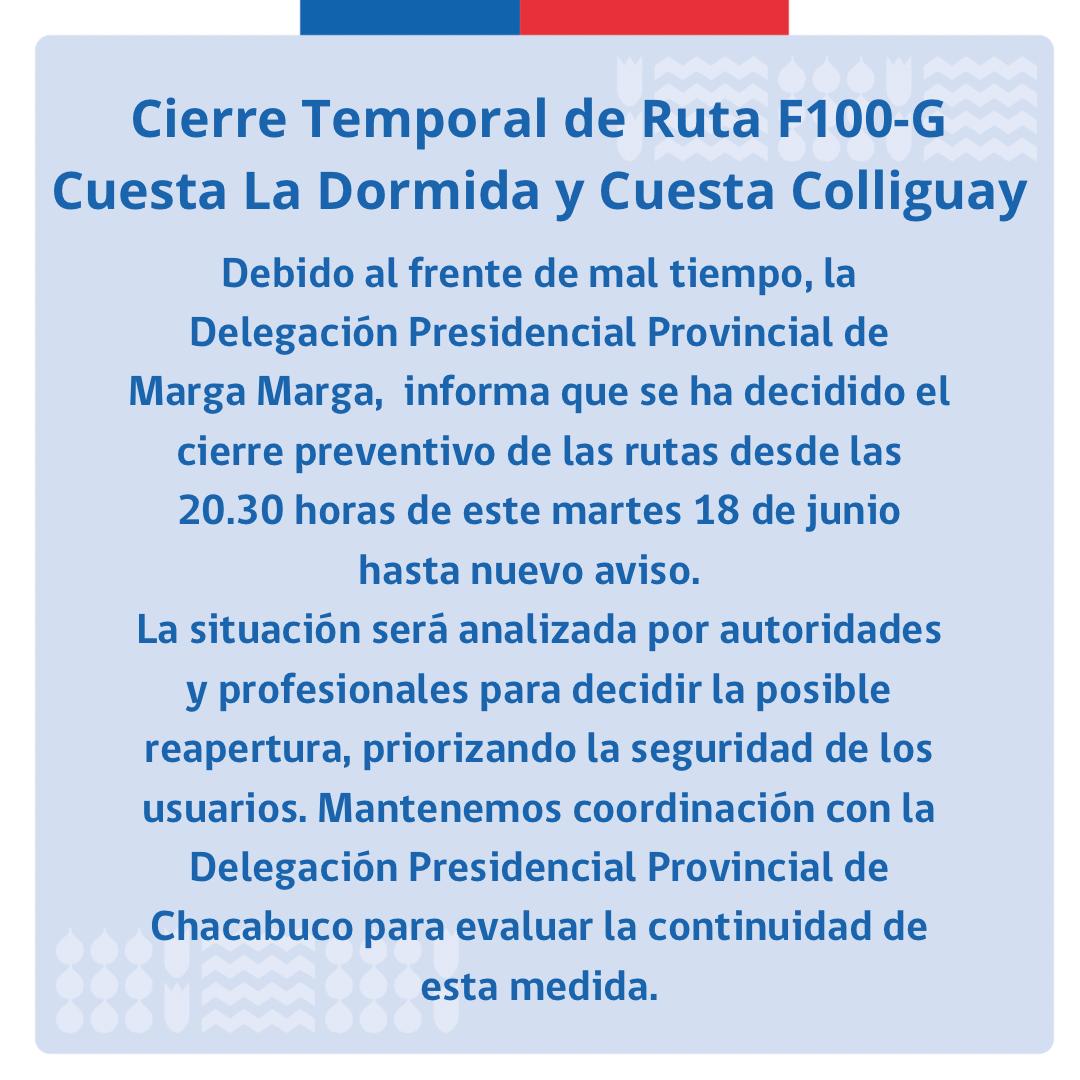 Cierre preventivo cuesta La Dormida y Cuesta Colliguay